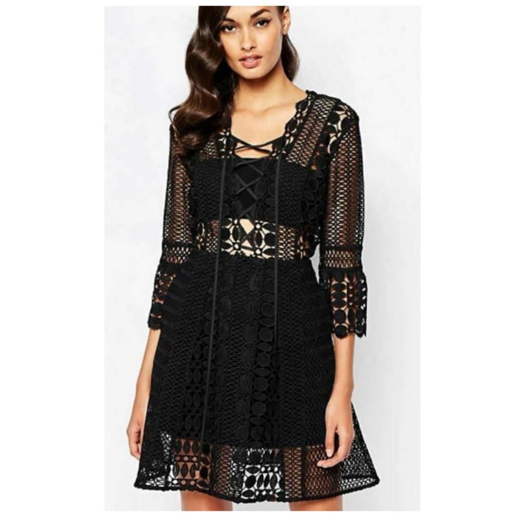 Self Portrait - Black Guipure Crochet Lace Up A-Line Dress - Size 0